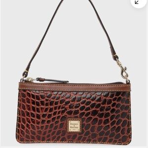 Dooney & Bourke Croc Embossed Leather Large Slim Wristlet Bag Wallet Brown